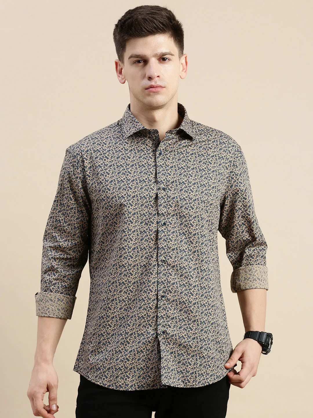 Men Beige Floral Casual Shirt