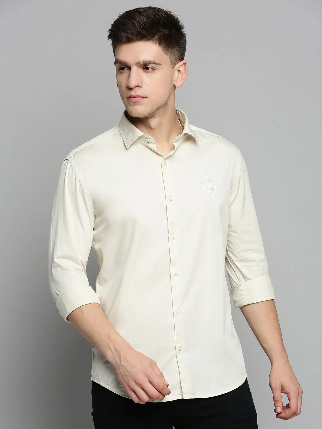 Men Beige Solid Casual Shirt