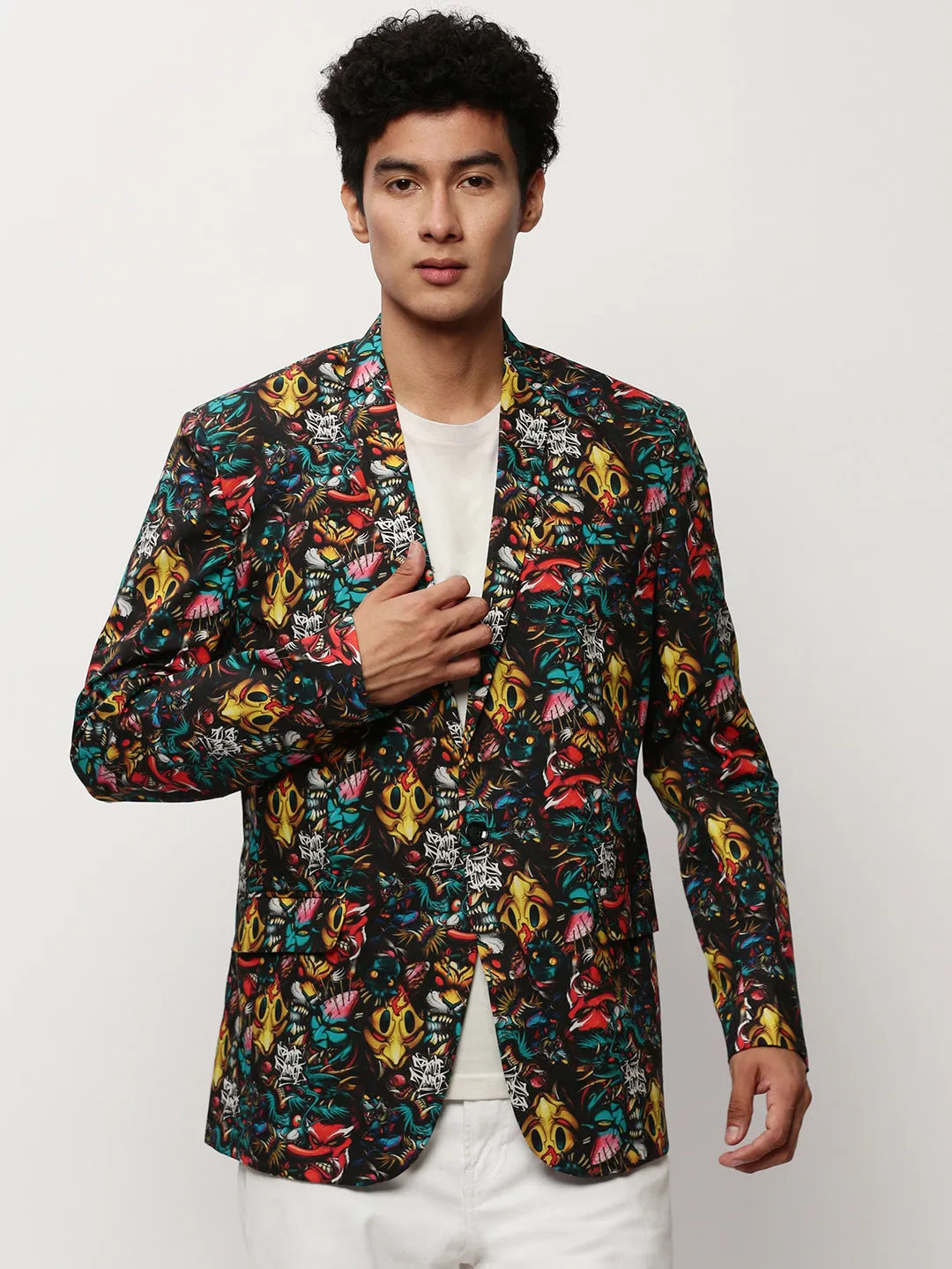 Men Black Printed Casual Blazers