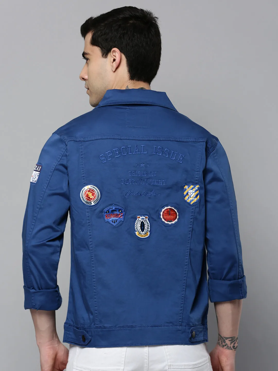 Men Blue Solid Casual Jacket