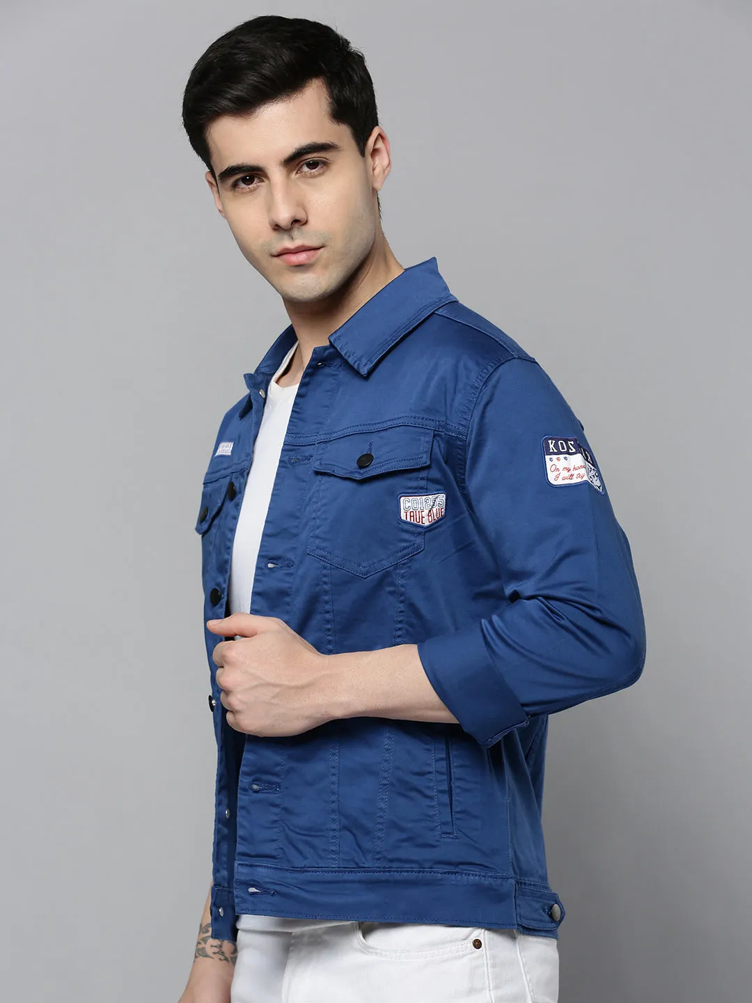 Men Blue Solid Casual Jacket