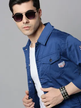 Men Blue Solid Casual Jacket