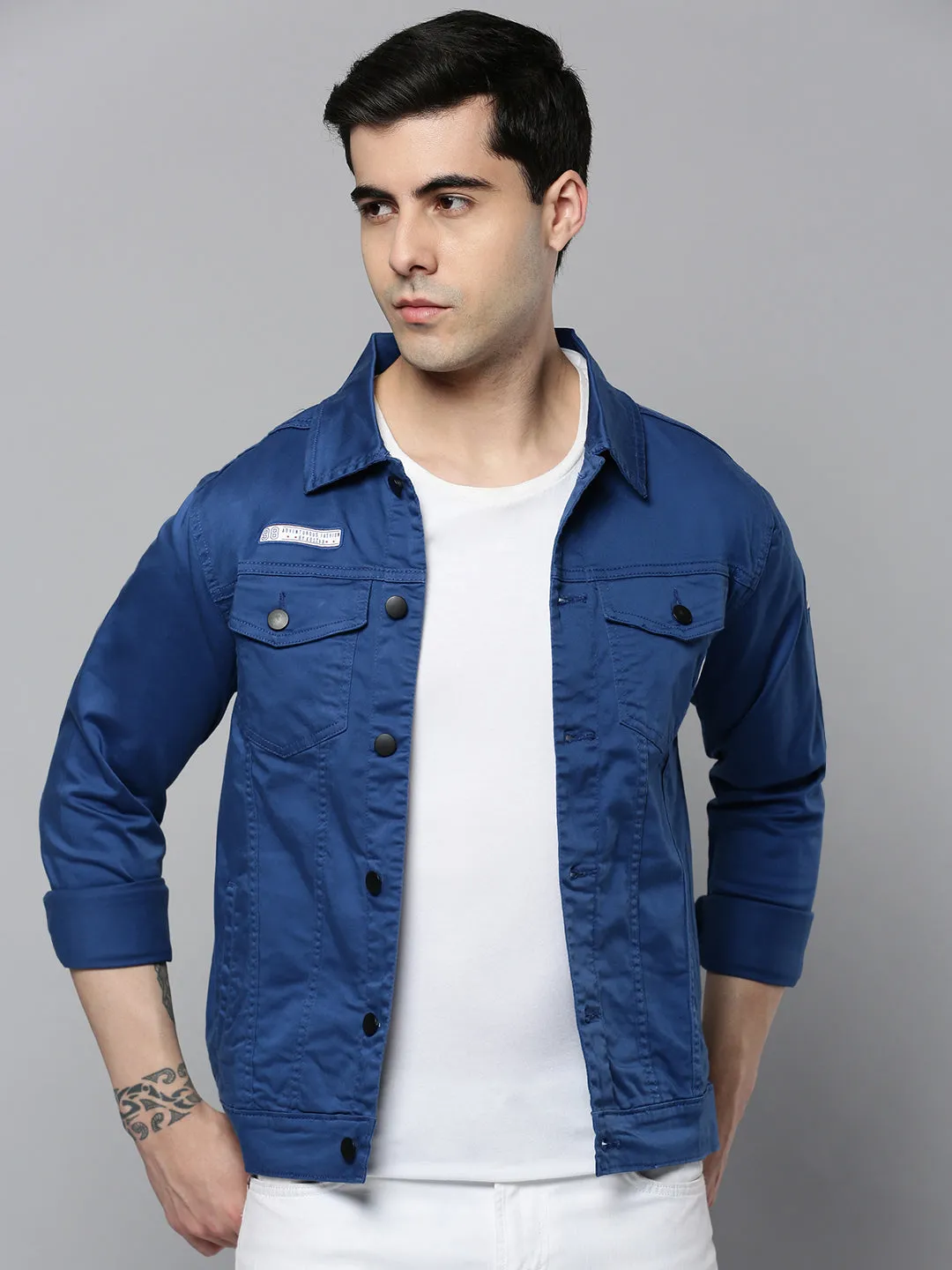 Men Blue Solid Casual Jacket