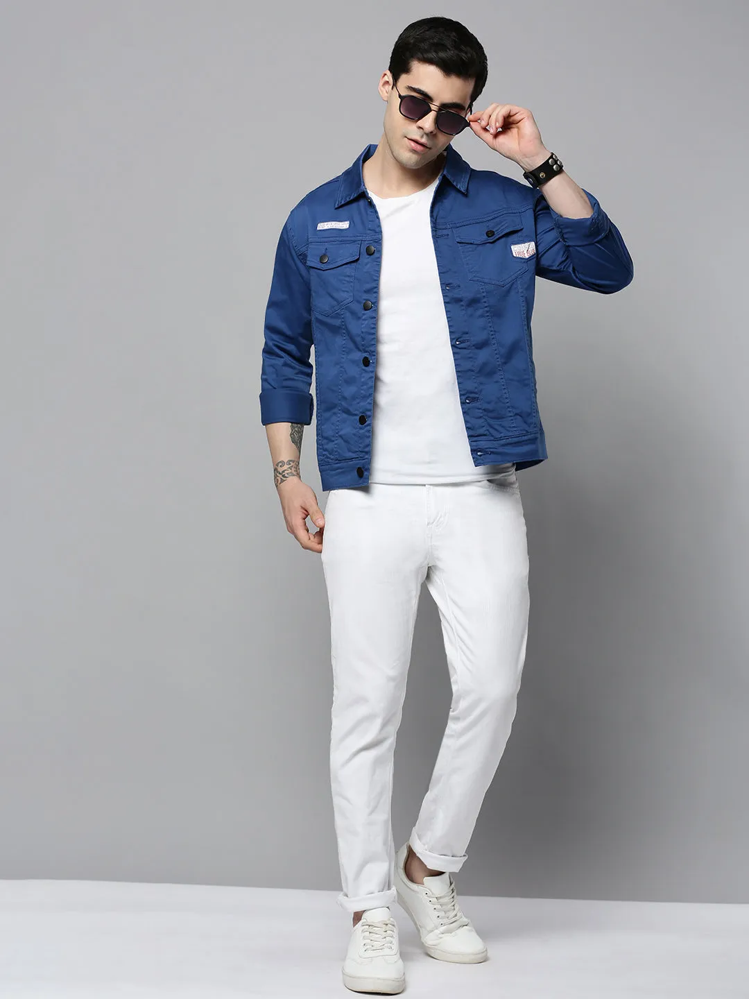 Men Blue Solid Casual Jacket