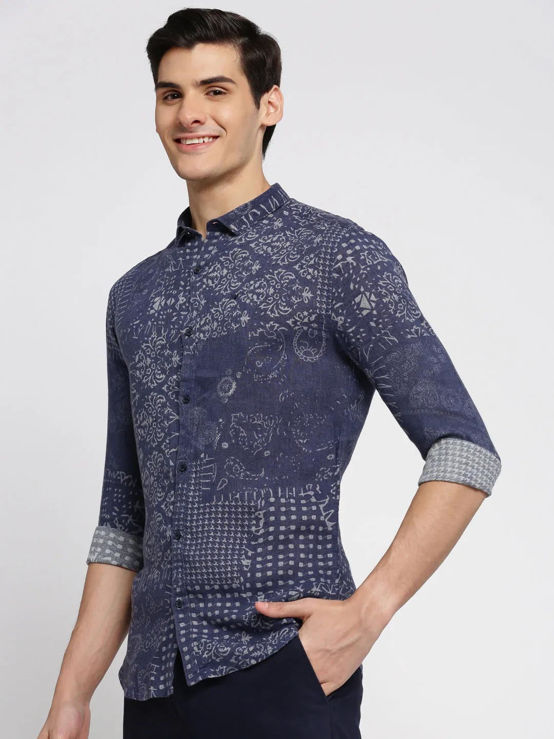 Men Blue Spread Collar Ethnic Motifs Shirt