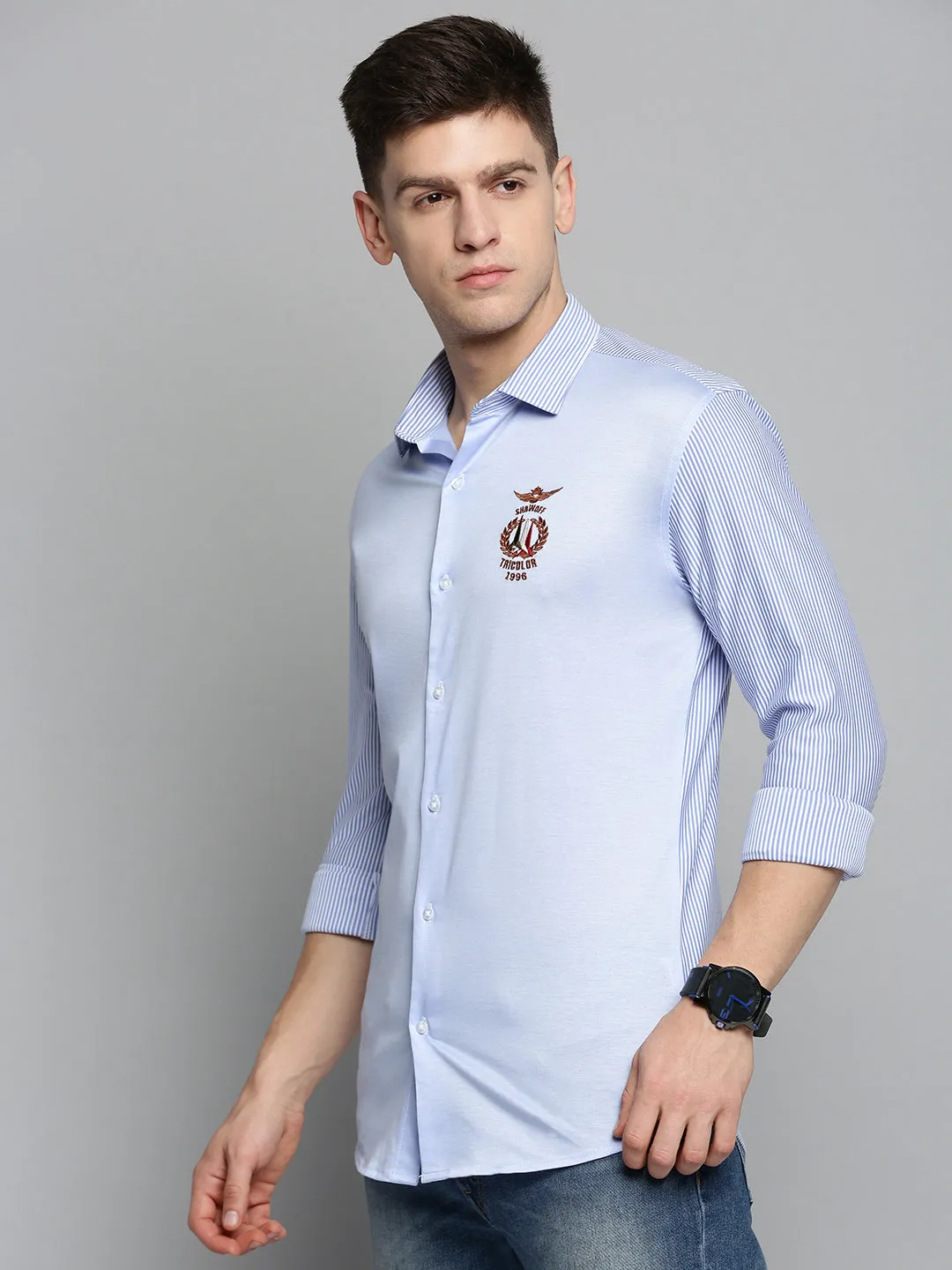 Men Blue Striped Casual Shirt