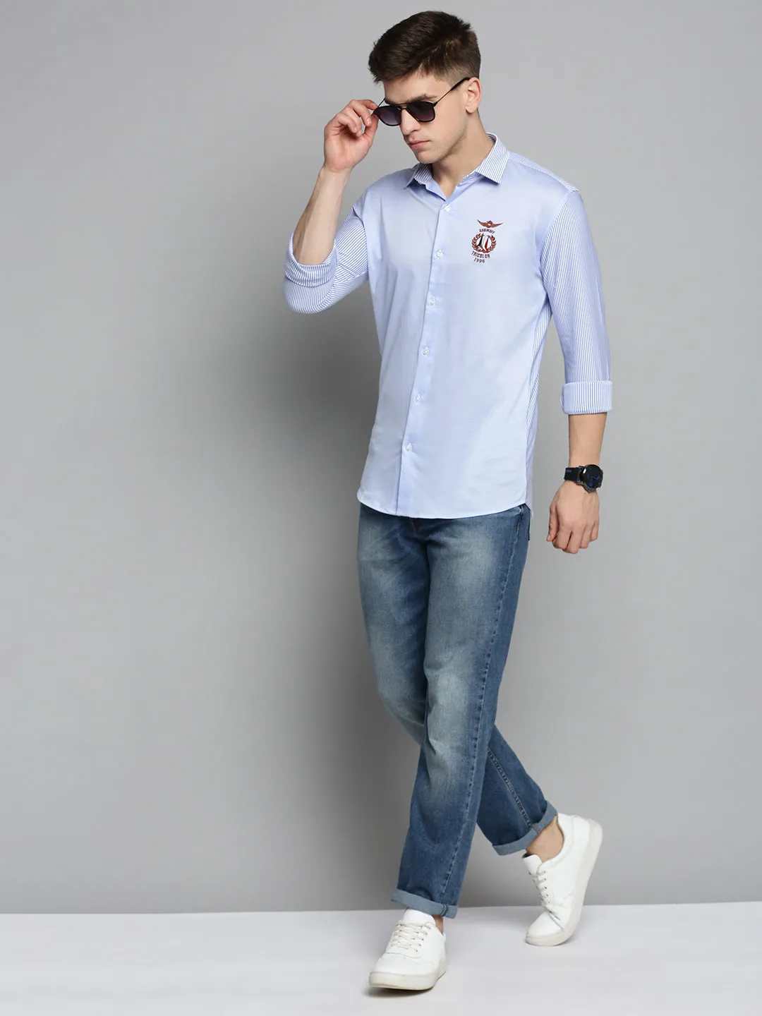 Men Blue Striped Casual Shirt