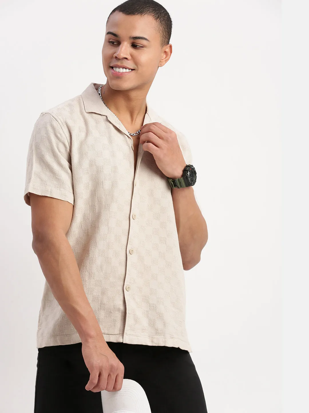 Men Cuban Collar Solid Beige Shirt