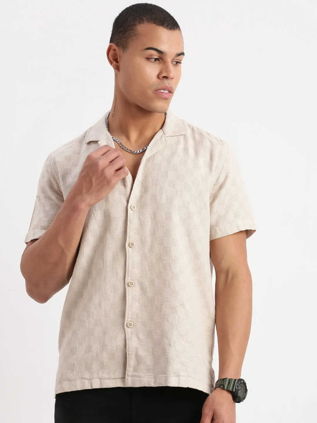 Men Cuban Collar Solid Beige Shirt