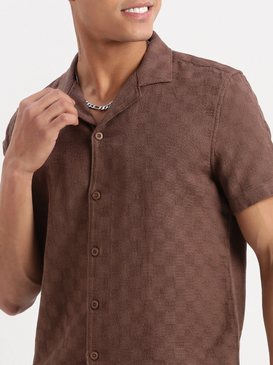 Men Cuban Collar Solid Brown Shirt