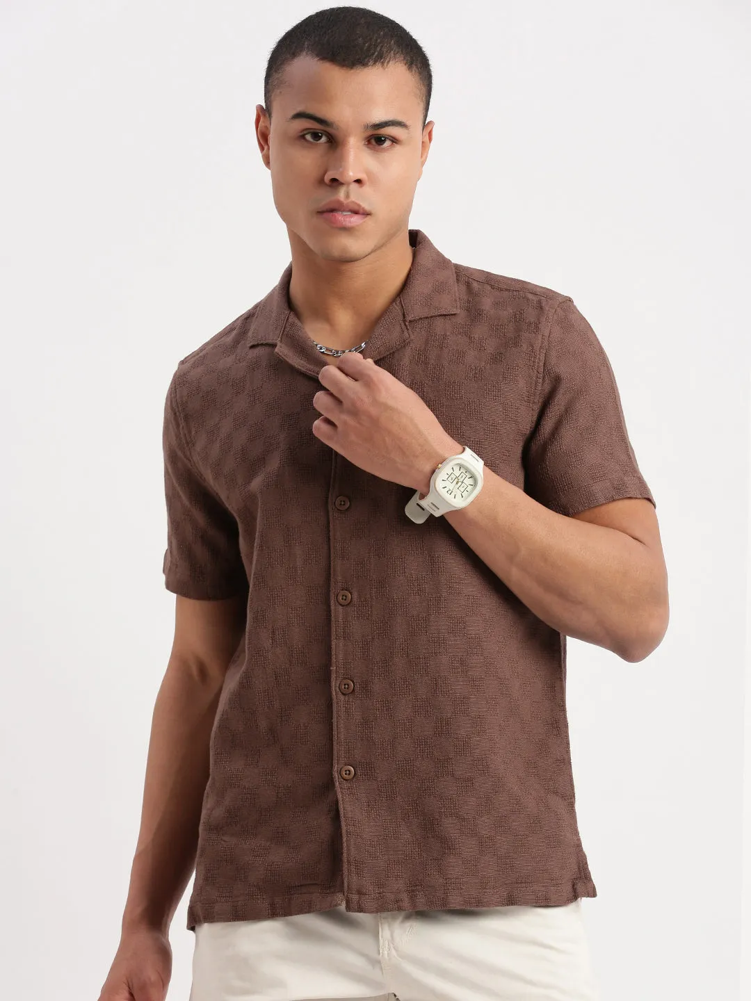 Men Cuban Collar Solid Brown Shirt