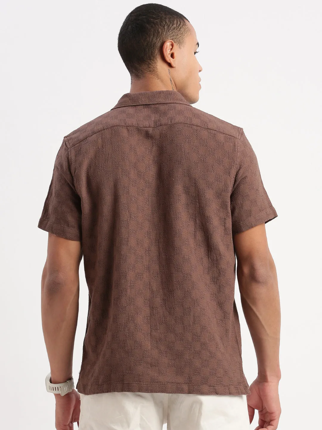 Men Cuban Collar Solid Brown Shirt