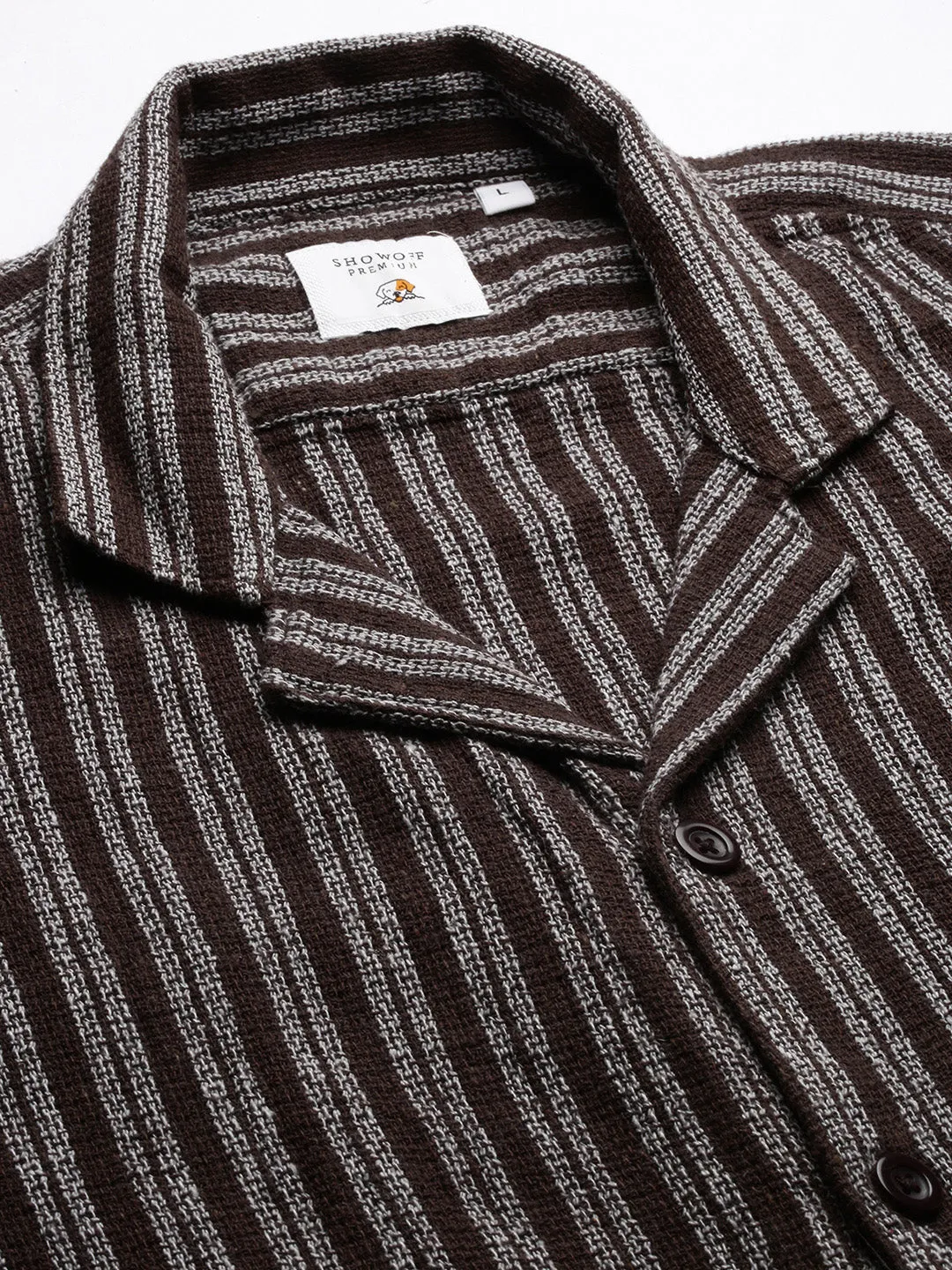 Men Cuban Collar Striped Brown Relaxed Fit Shirt