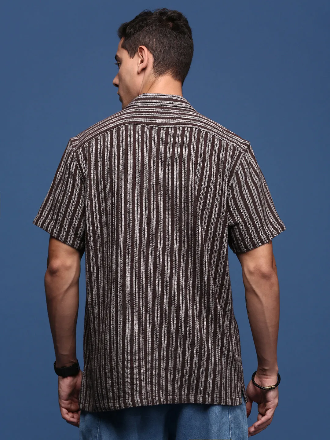 Men Cuban Collar Striped Brown Relaxed Fit Shirt