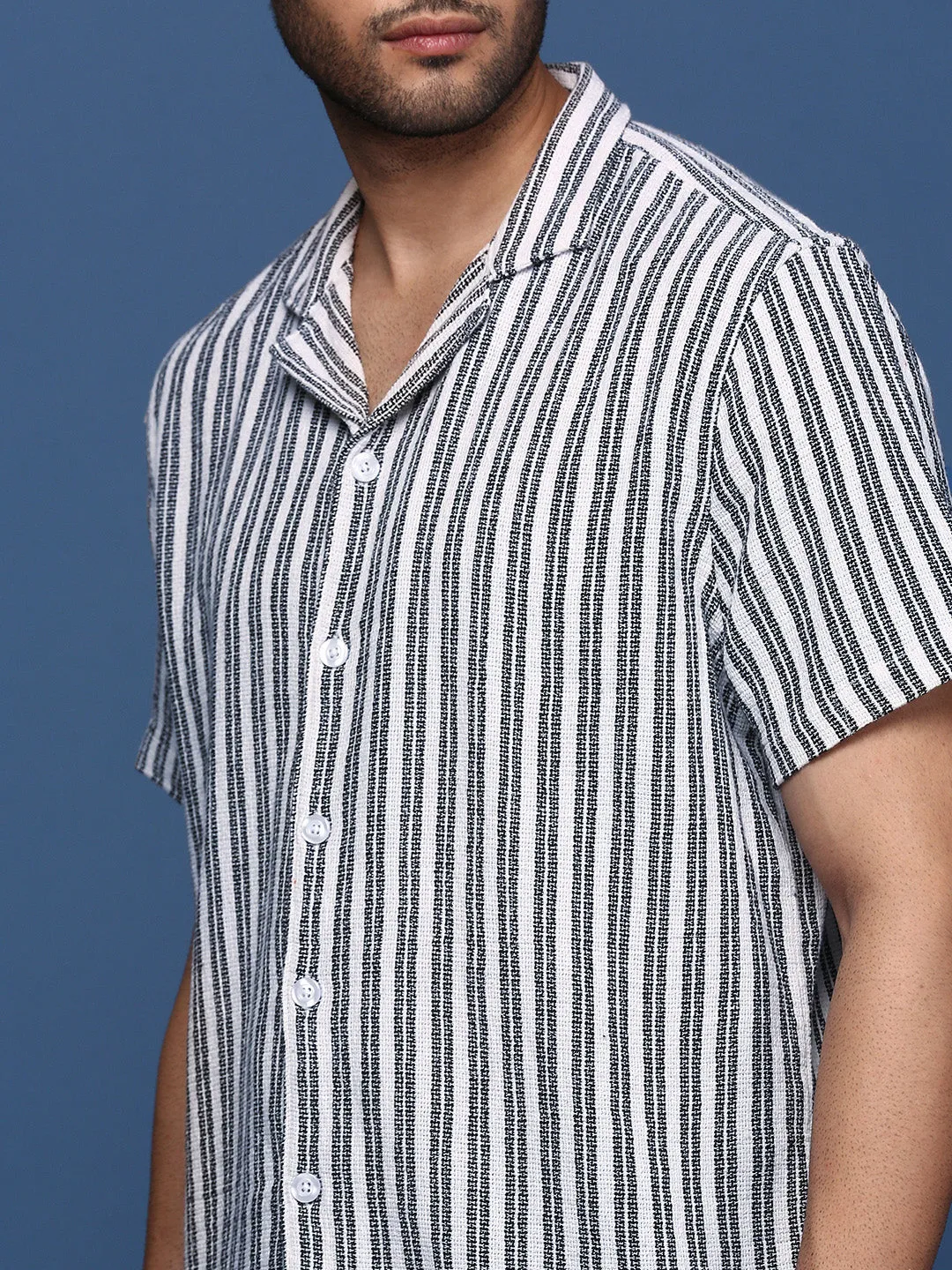 Men Cuban Collar Striped White Relaxed Fit Shirt