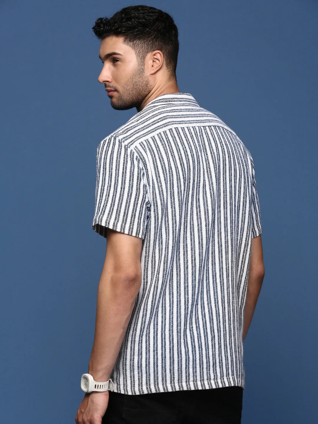 Men Cuban Collar Striped White Relaxed Fit Shirt