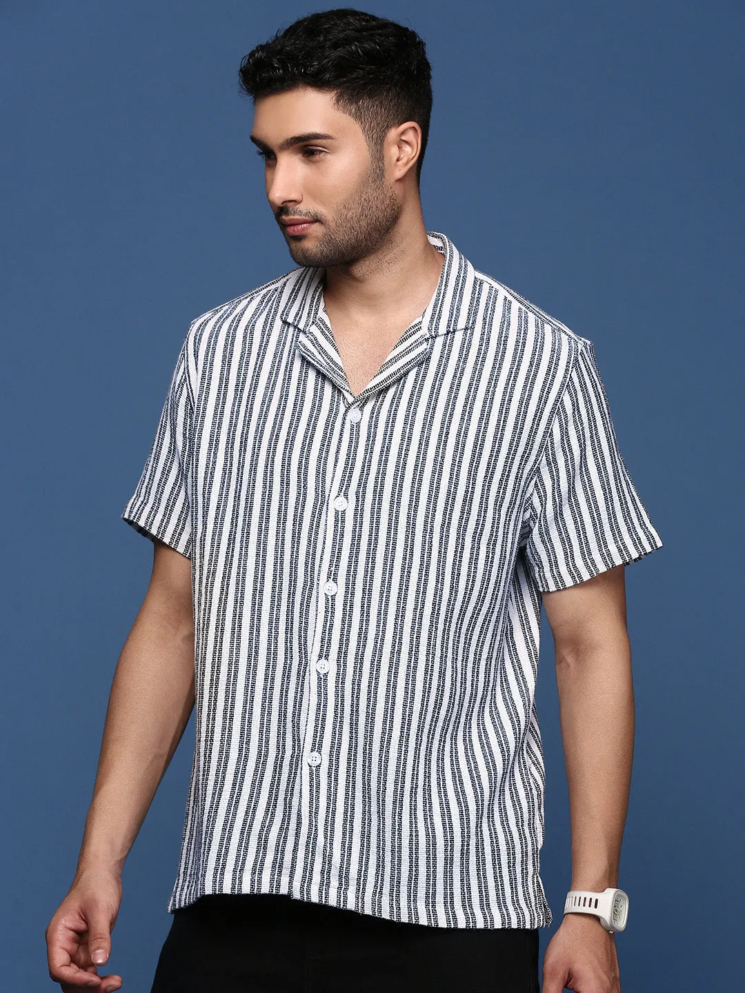 Men Cuban Collar Striped White Relaxed Fit Shirt