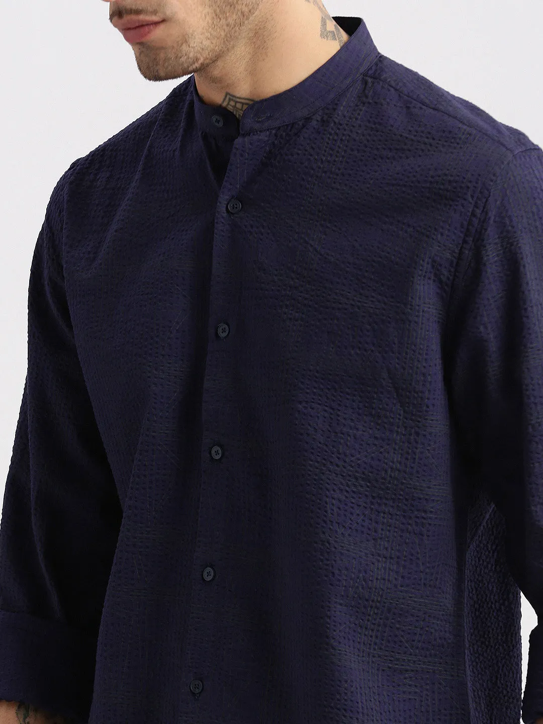 Men Mandarin Collar Geometric Navy Blue Casual Shirt