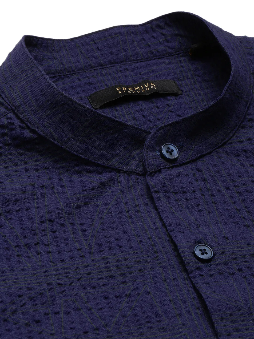 Men Mandarin Collar Geometric Navy Blue Casual Shirt