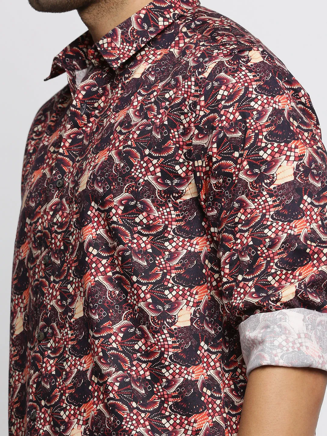 Men Maroon Spread Collar Graphic Shirt