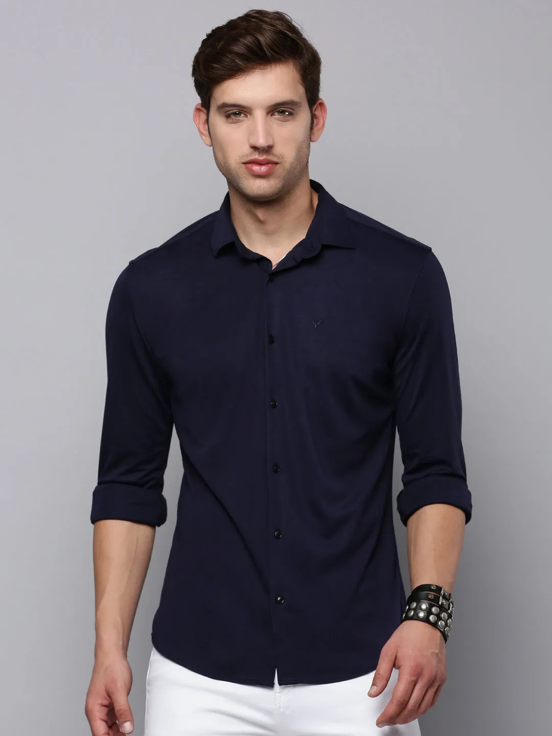 Men Navy Solid Casual Shirt