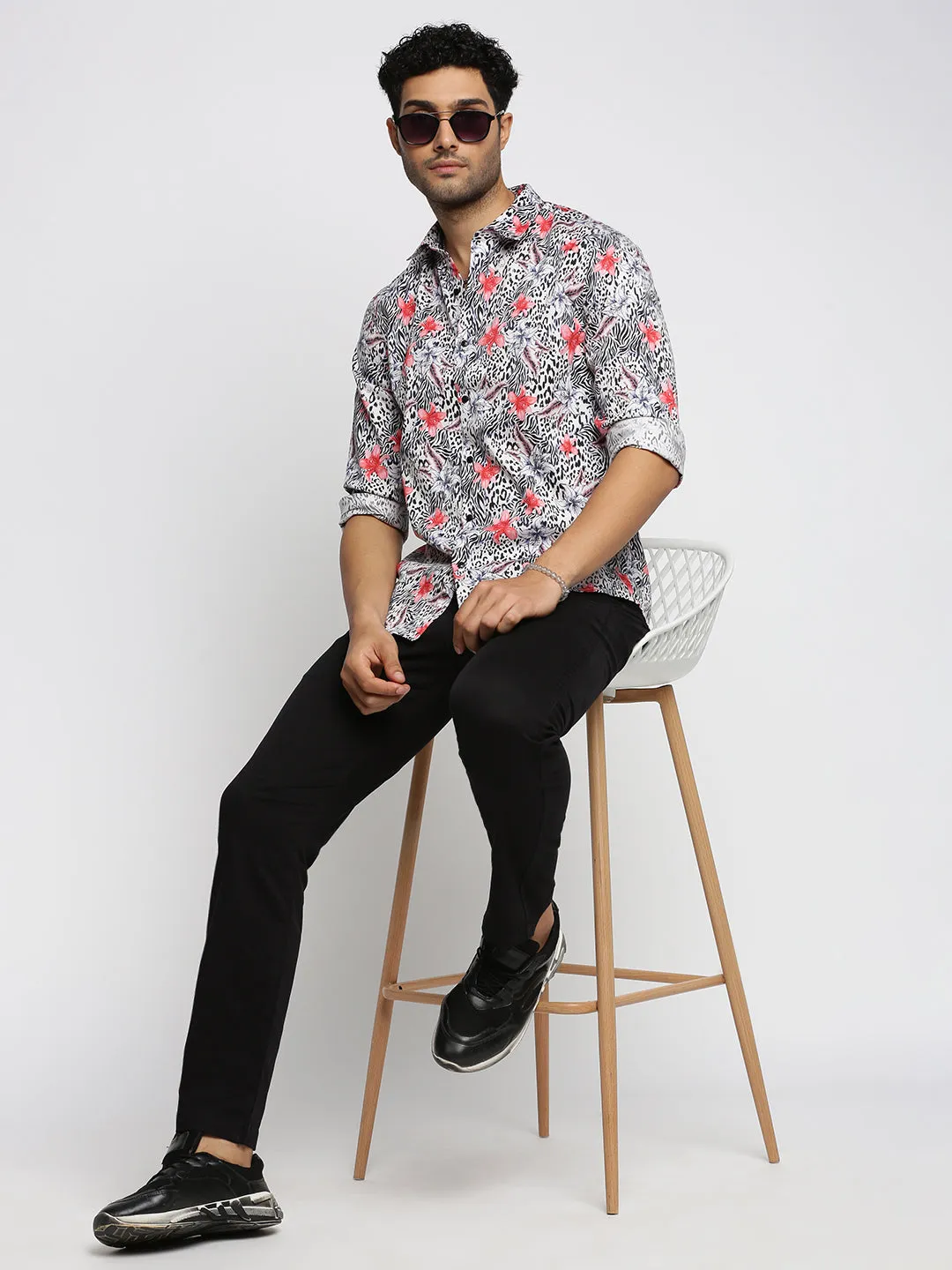 Men Off White Spread Collar Floral Shirt