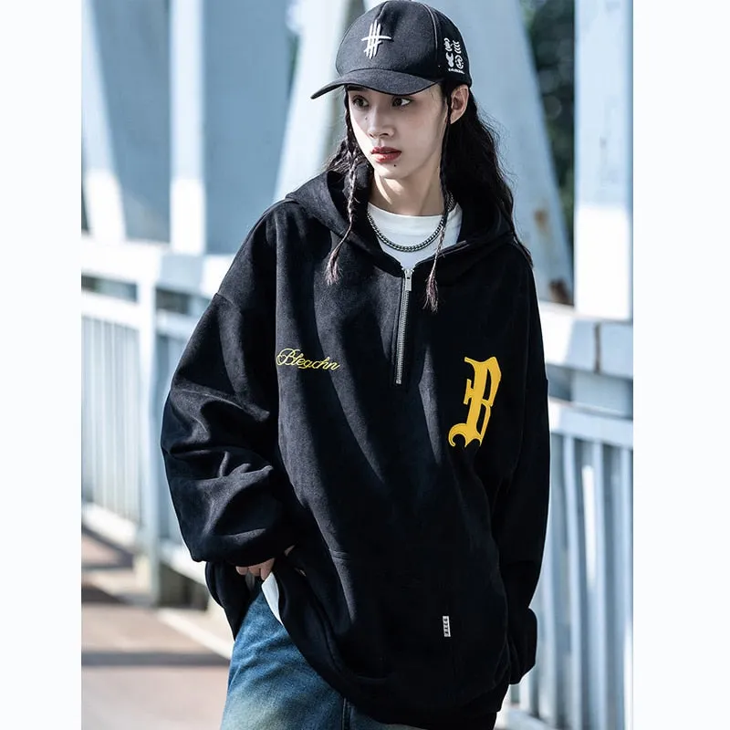 Men Oversized Sweatshirts Hoodie Women Suede Embroidered Letter Half Zip Pullover Hip Hop Streetwear Hoodies Black