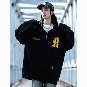 Men Oversized Sweatshirts Hoodie Women Suede Embroidered Letter Half Zip Pullover Hip Hop Streetwear Hoodies Black