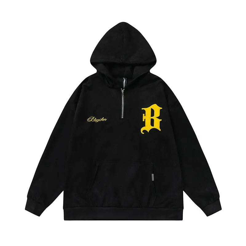 Men Oversized Sweatshirts Hoodie Women Suede Embroidered Letter Half Zip Pullover Hip Hop Streetwear Hoodies Black