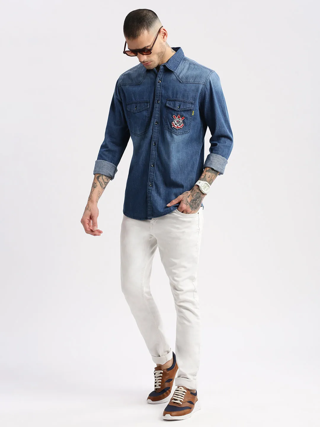 Men Spread Collar Denim Solid Blue Casual Shirt