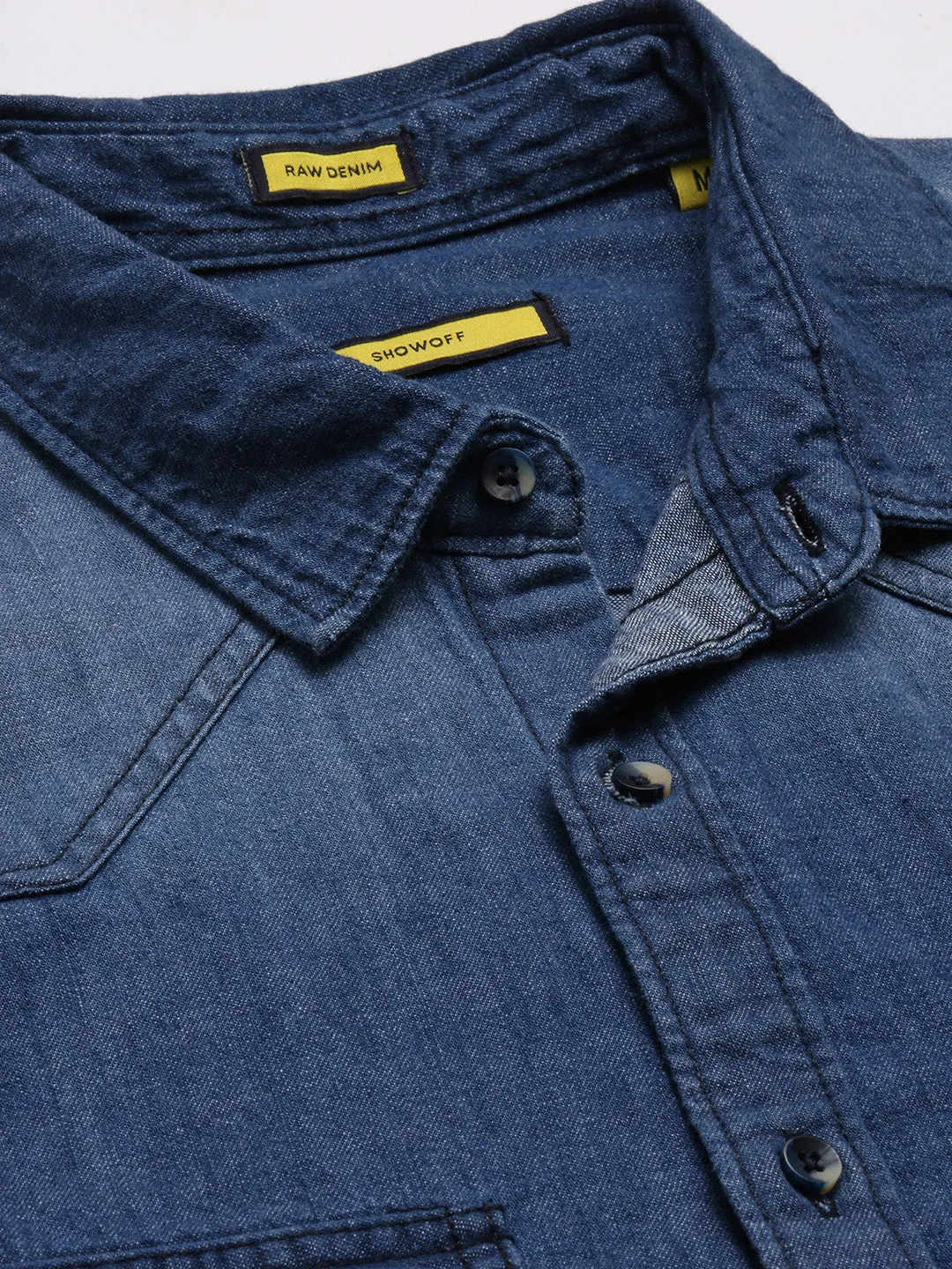 Men Spread Collar Denim Solid Blue Casual Shirt