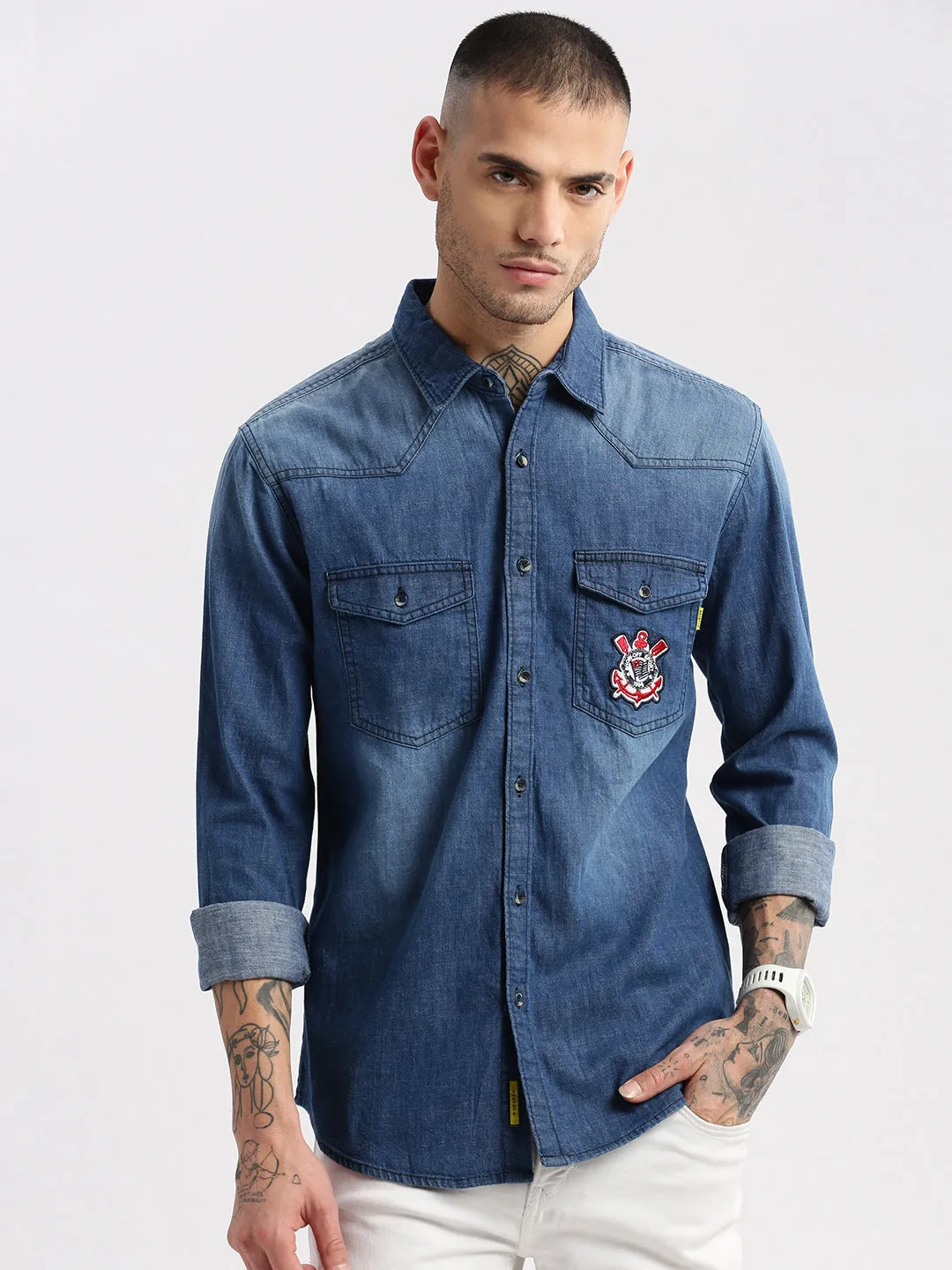 Men Spread Collar Denim Solid Blue Casual Shirt