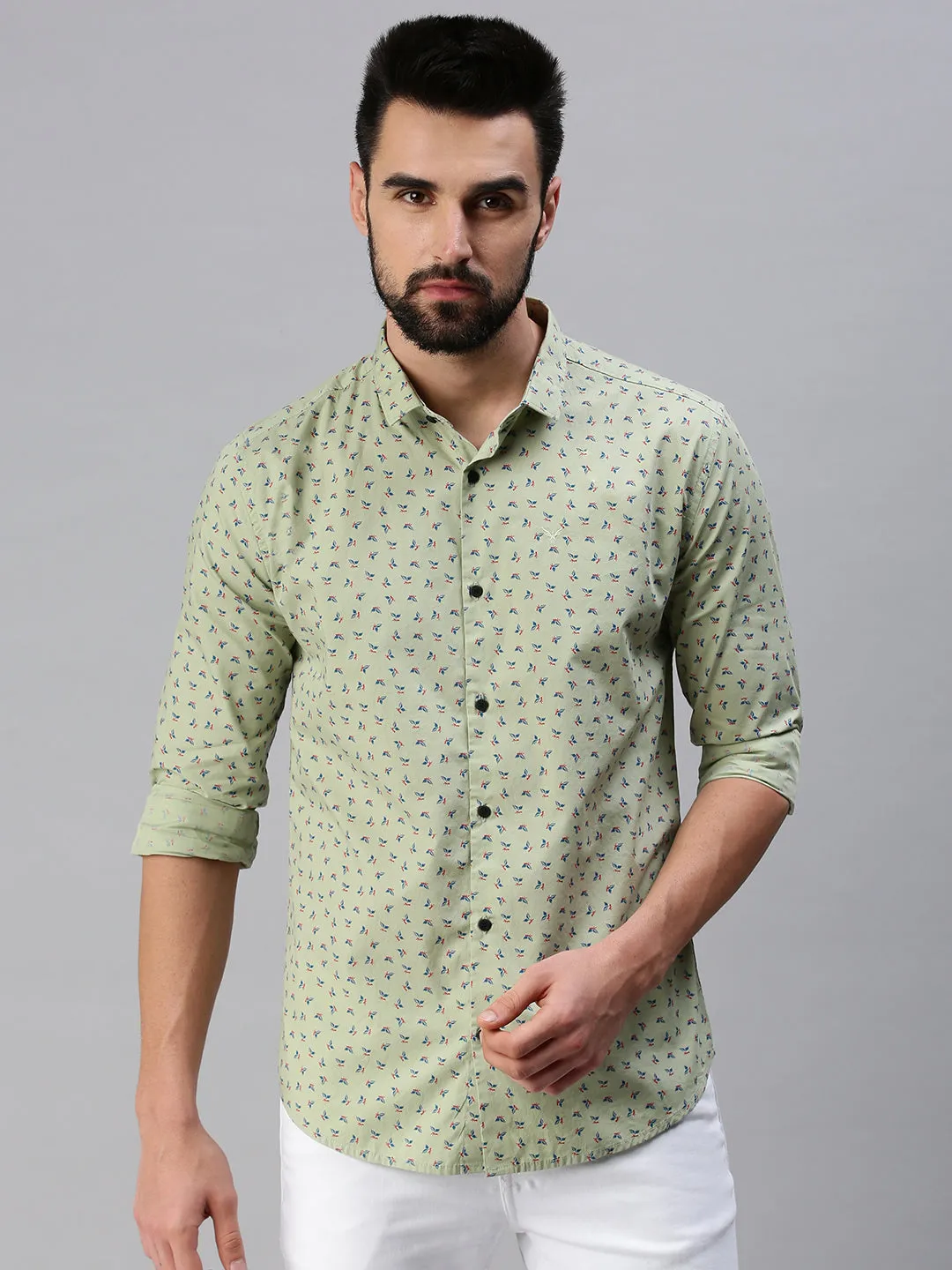 Men Spread Collar Printed Green Shirt