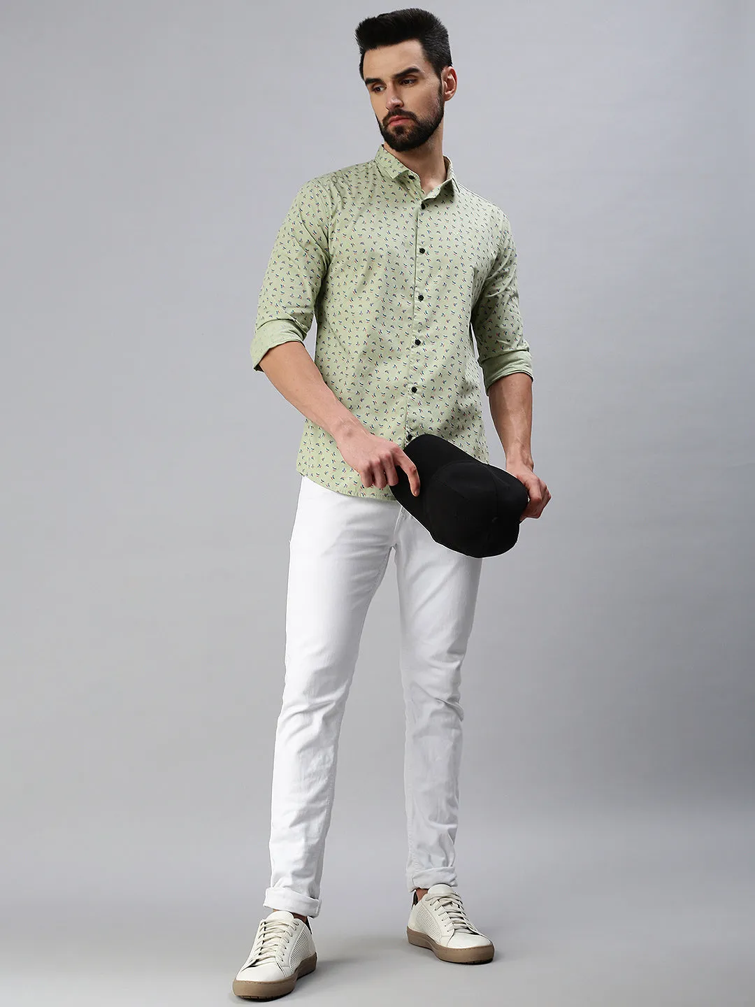 Men Spread Collar Printed Green Shirt