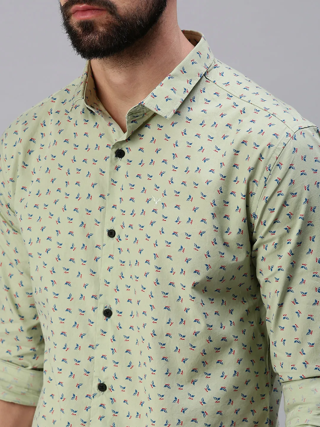 Men Spread Collar Printed Green Shirt