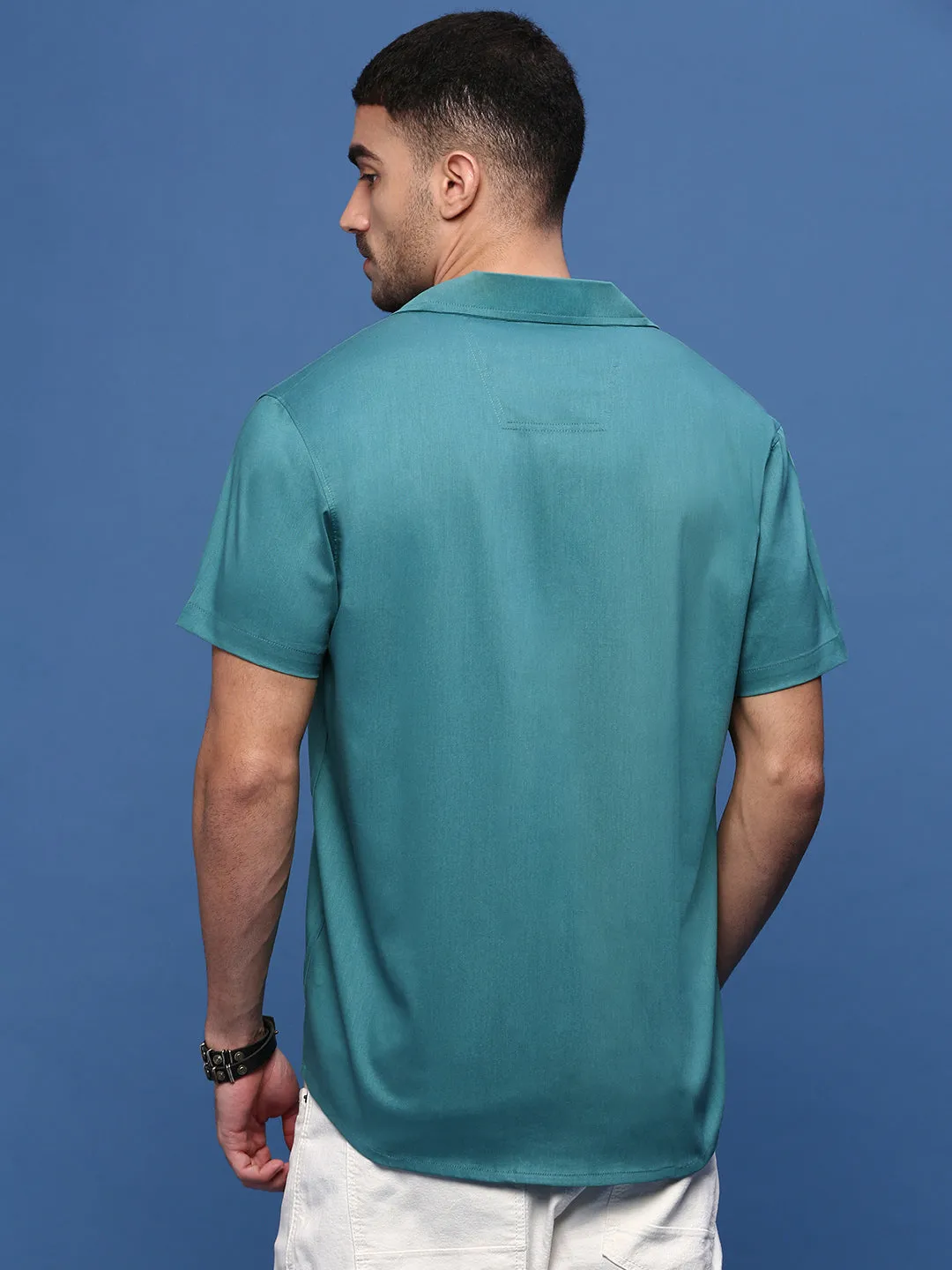 Men Teal Solid Cuban Collar Shirt