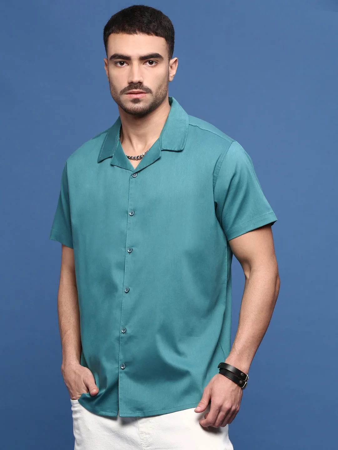 Men Teal Solid Cuban Collar Shirt