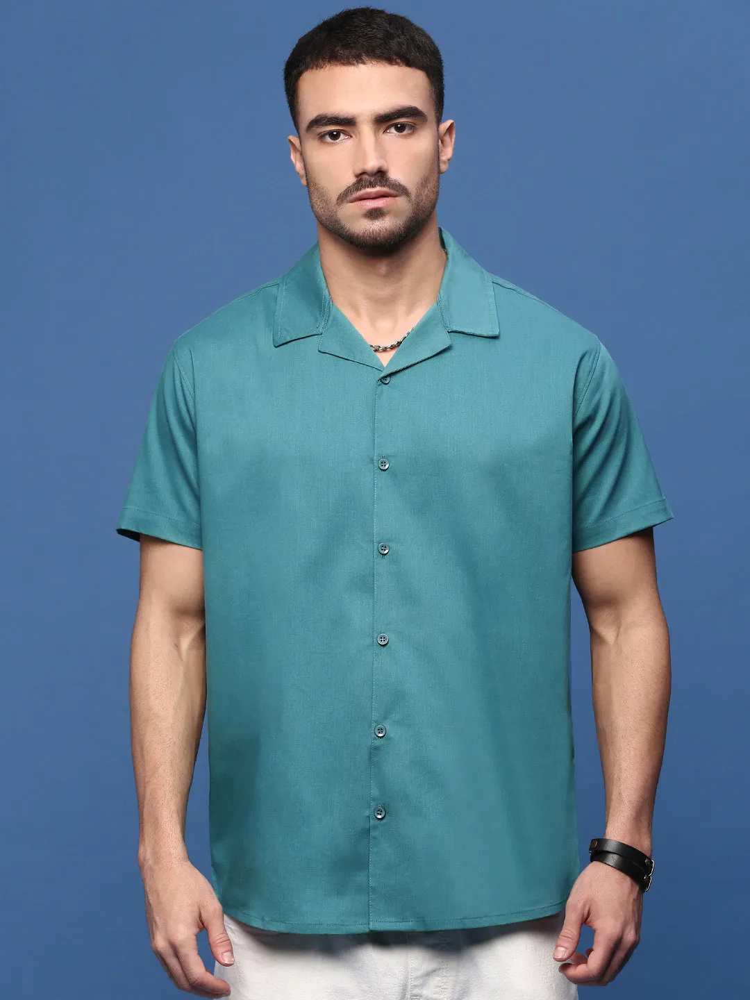 Men Teal Solid Cuban Collar Shirt