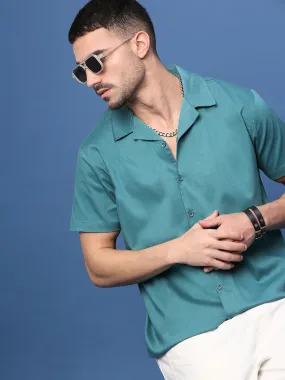 Men Teal Solid Cuban Collar Shirt