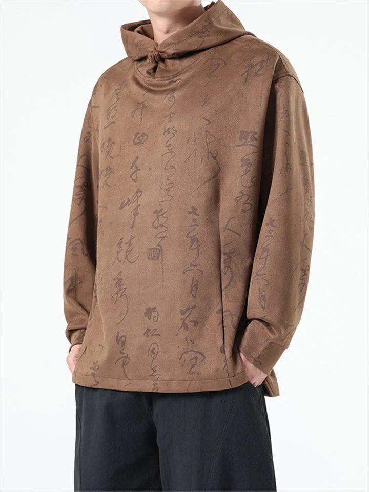 Men's Oracle Bone Script Faux Suede Hoodies