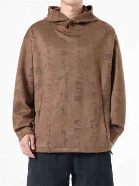 Men's Oracle Bone Script Faux Suede Hoodies