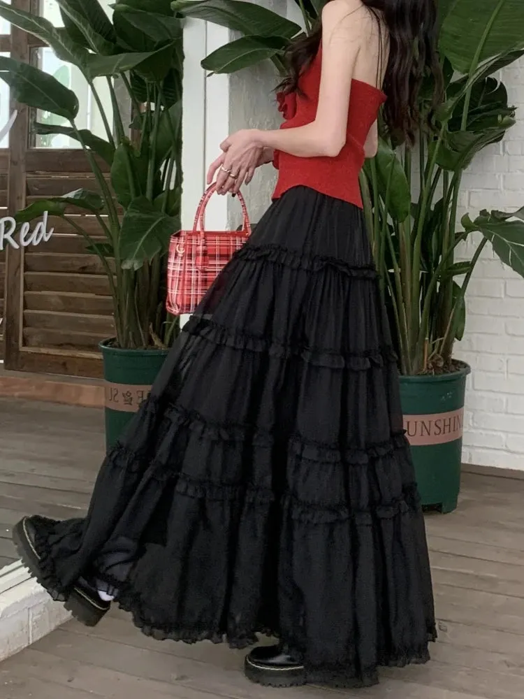 Mid Long Skirt Women Chiffon Skirt Goth Lolita Spring Summer High Waisted High Low Ruched Ruffle Pleated Maxi Skirts rok