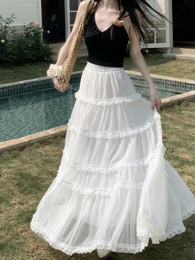 Mid Long Skirt Women Chiffon Skirt Goth Lolita Spring Summer High Waisted High Low Ruched Ruffle Pleated Maxi Skirts rok