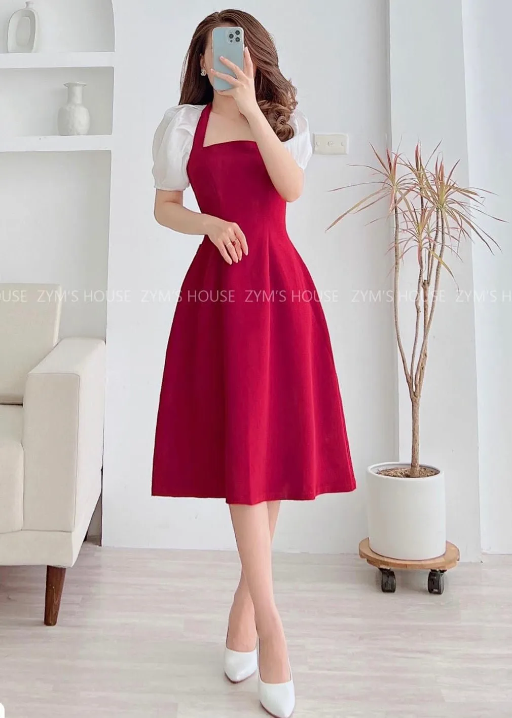 MJD035 Puff Sleeve Fit & Flare Dress