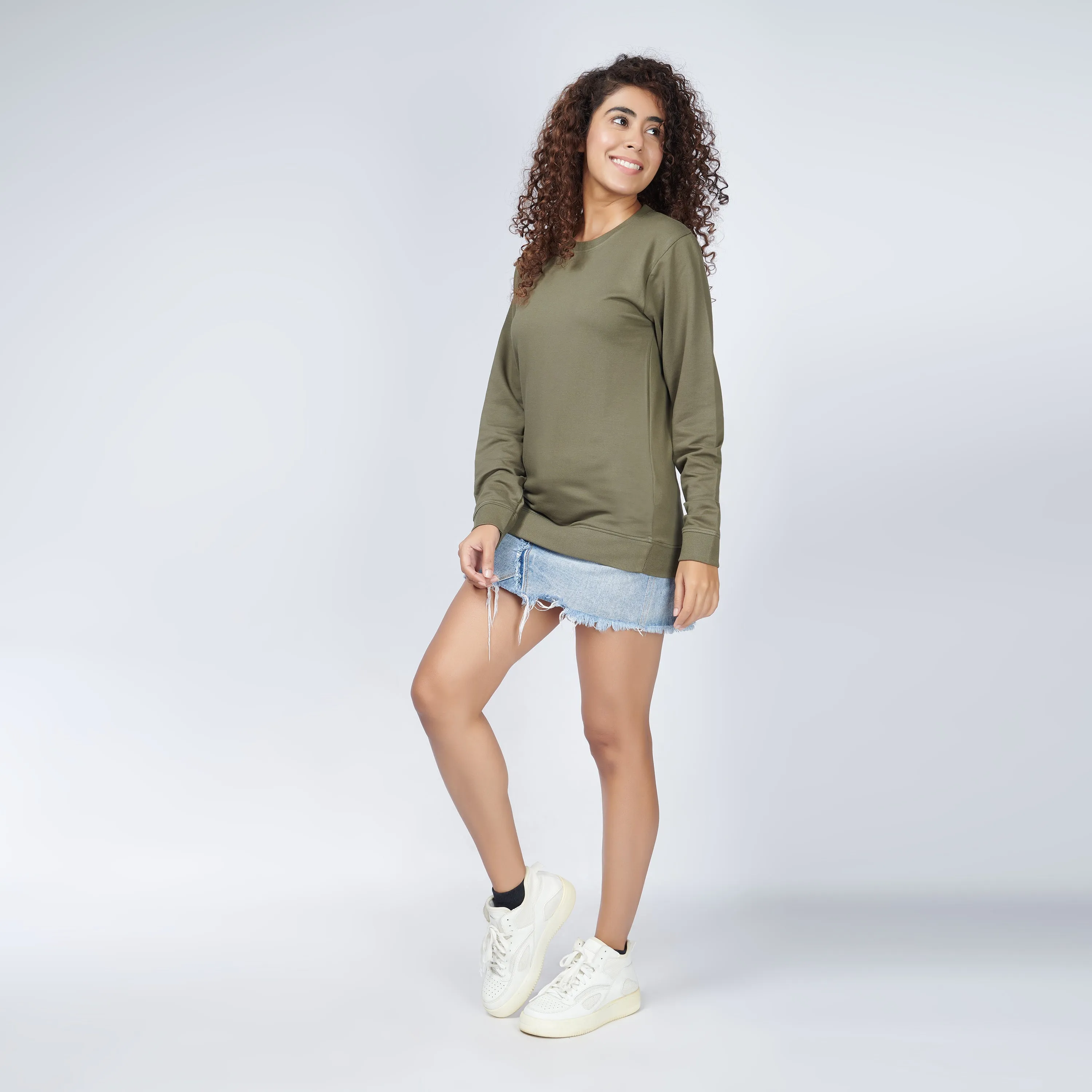 Moss Green Crew Neck Sweatshirt for Women