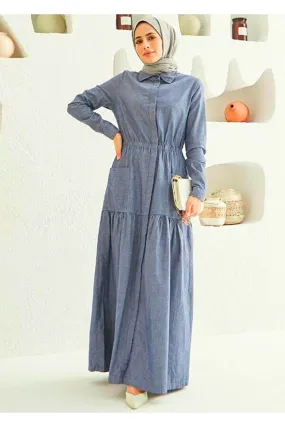 Muslim Women's Long Sleeve Maxi Dress with Tiered Skirt - Modest Design