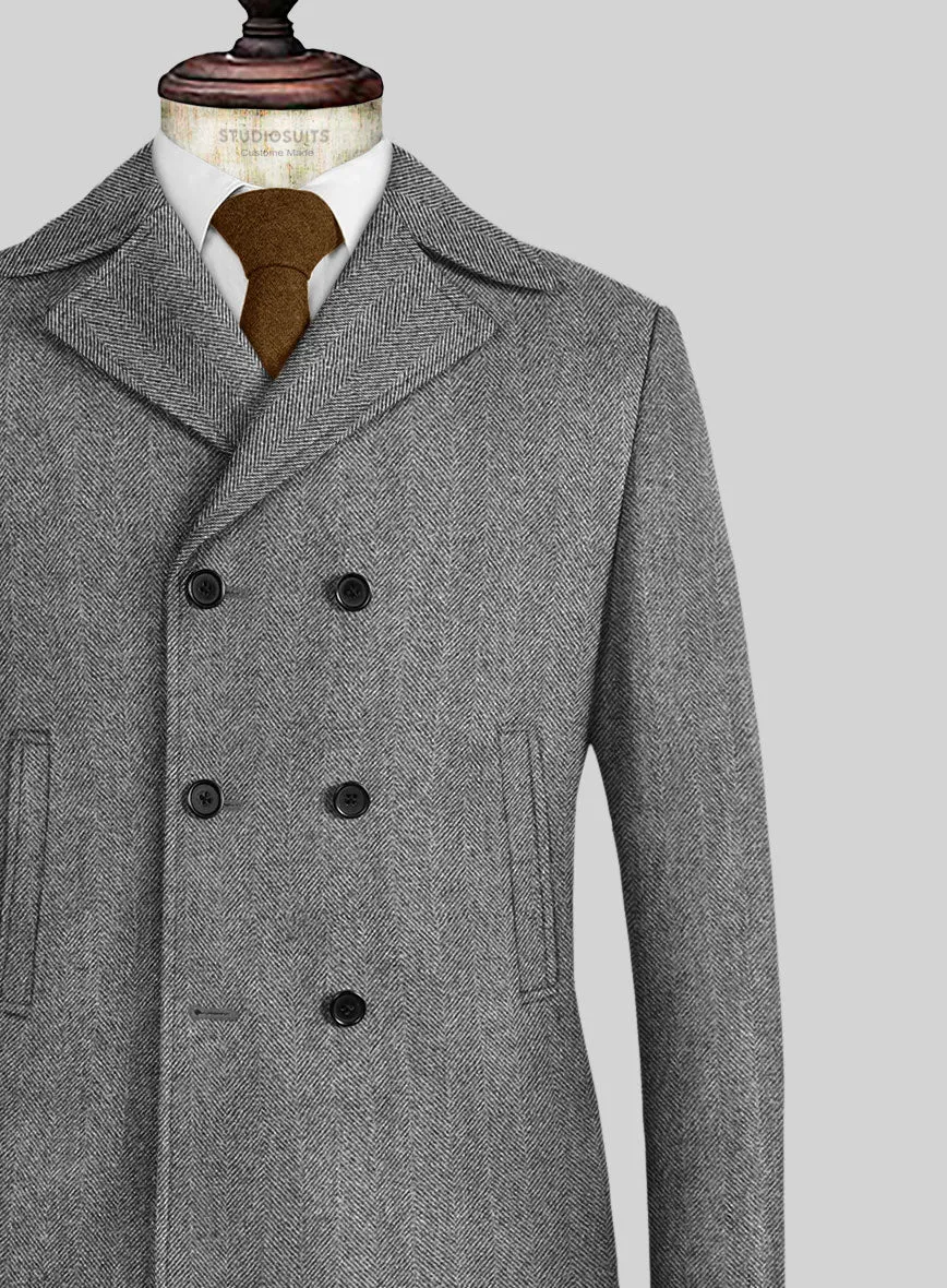 Naples Wide Herringbone Gray Tweed Pea Coat