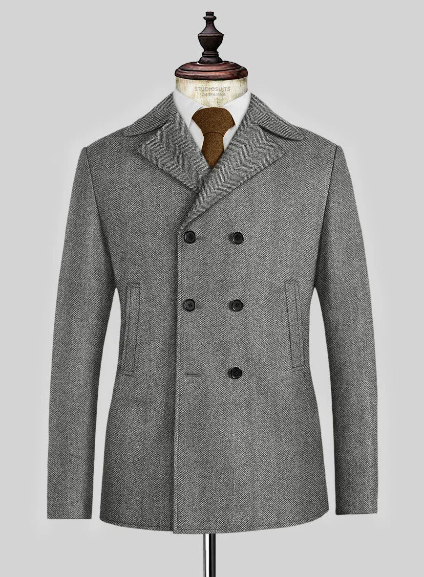 Naples Wide Herringbone Gray Tweed Pea Coat