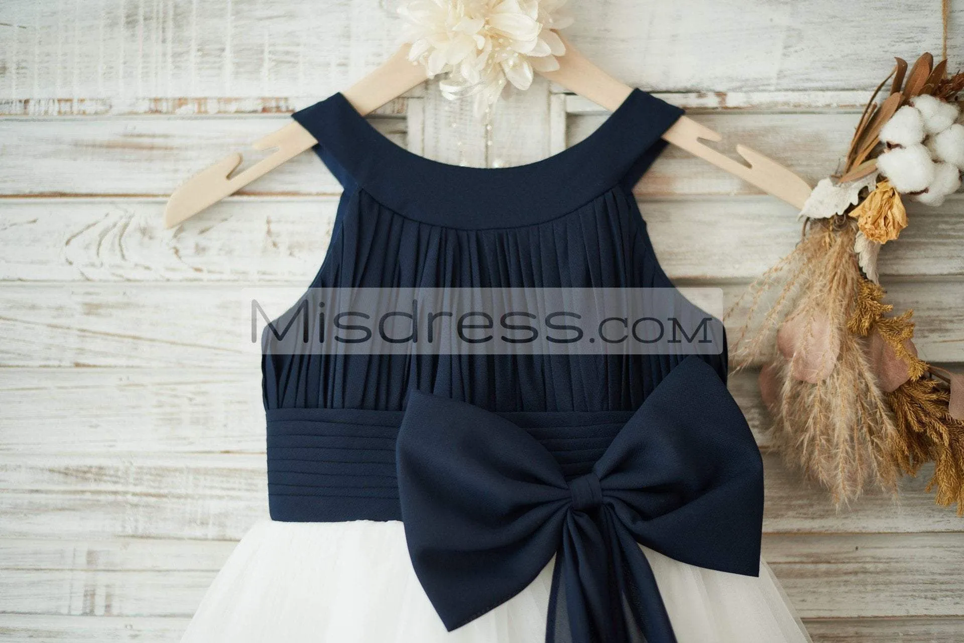 Navy Blue Chiffon Ivory Tulle Halter Neck Wedding Flower Girl Dress, Bow