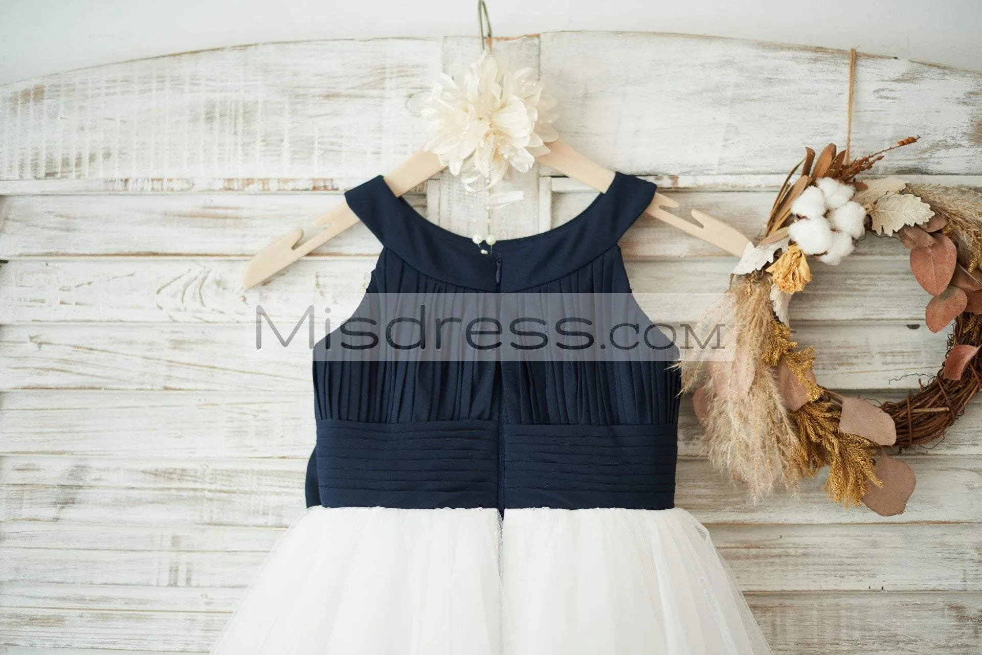 Navy Blue Chiffon Ivory Tulle Halter Neck Wedding Flower Girl Dress, Bow